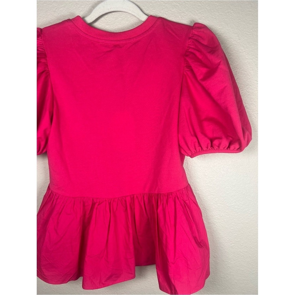 English Factory Mixed Media Puff Sleeve Peplum Top Pink XS NWT Crewneck Blouse - Picture 7 of 10